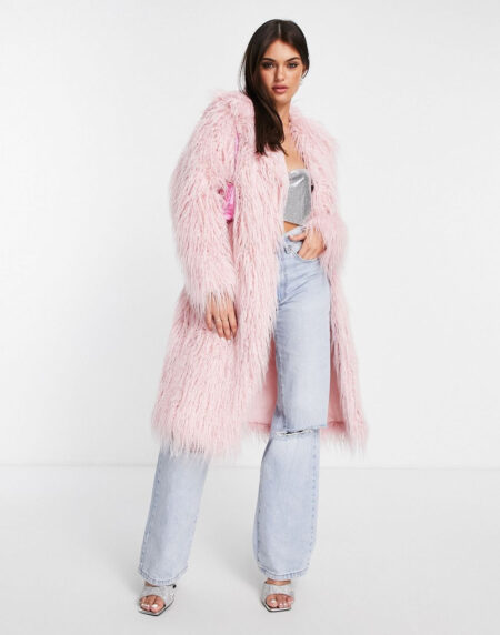 Faux Longline Coat in Light Pink