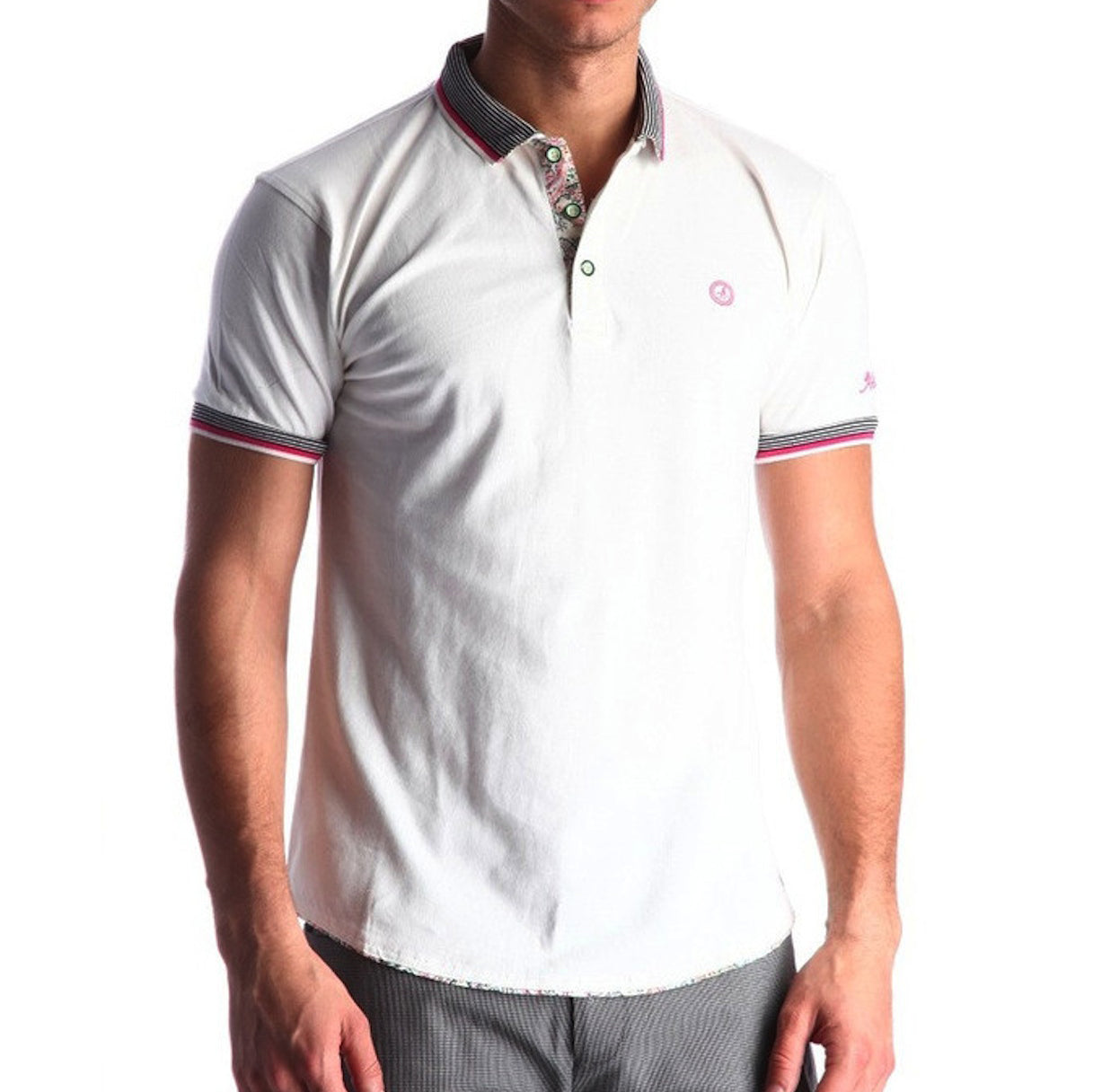 Men's White - Paisley Turkey Slim Fit Mesh Polo Shirt ( Size - Only XS ) - Amedeo Exclusive