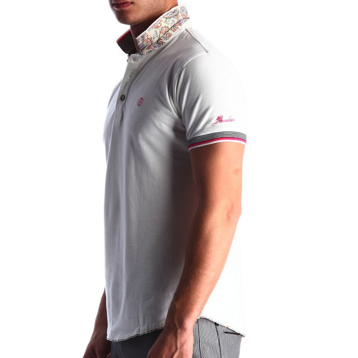 Men's White - Paisley Turkey Slim Fit Mesh Polo Shirt ( Size - Only XS ) - Amedeo Exclusive