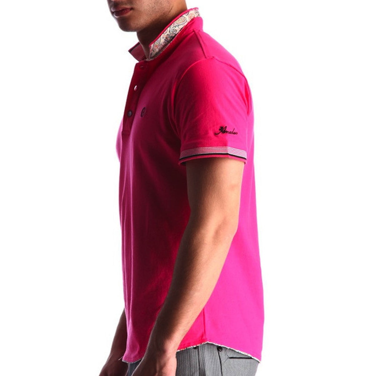 Men's Pink - Paisley Turkey Slim Fit Mesh Polo Shirt ( Size - Only XS ) - Amedeo Exclusive