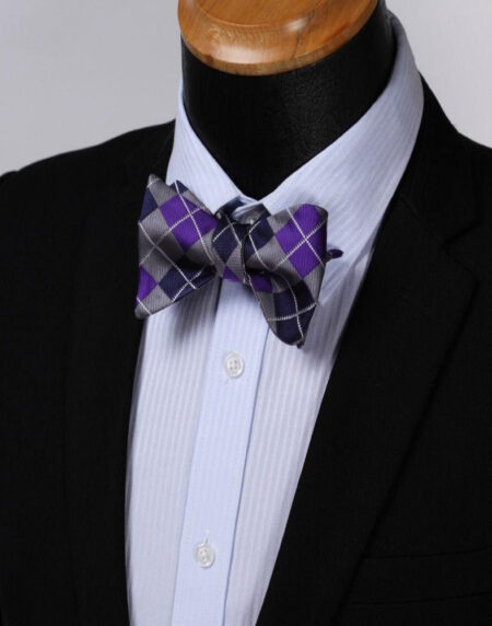 Purple Navy Blue Check Mens Silk Self tie Bow Tie with Pocket Squares Set