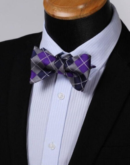Purple Navy Blue Check Mens Silk Self tie Bow Tie with Pocket Squares Set