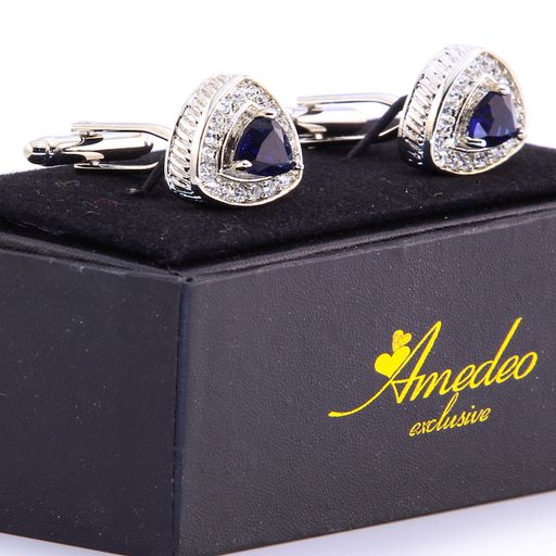 Dark Blue Stone Mens Stainless Steel Triangle Cufflinks For Shirt With Box - Hand Crafted Perfect - Image 2