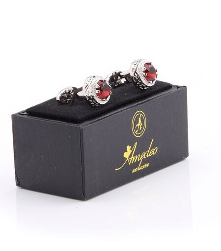 Silver & Red Stone Mens Stainless Steel Big Round Cufflinks for Shirt with Box – Hand Crafted