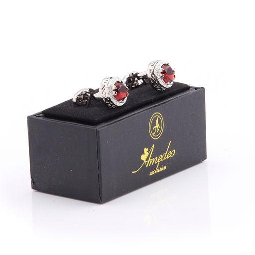 Silver & Red Stone Mens Stainless Steel Big Round Cufflinks for Shirt with Box - Hand Crafted - Image 2