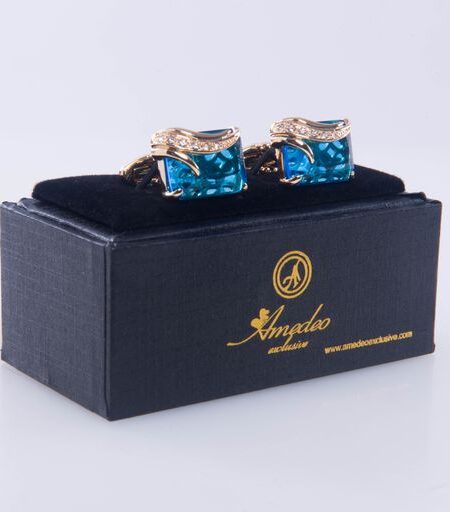 Gold + Light Blue Mens Stainless Steel Squares Cufflinks for Shirt with Box – Hand Crafted Perfect