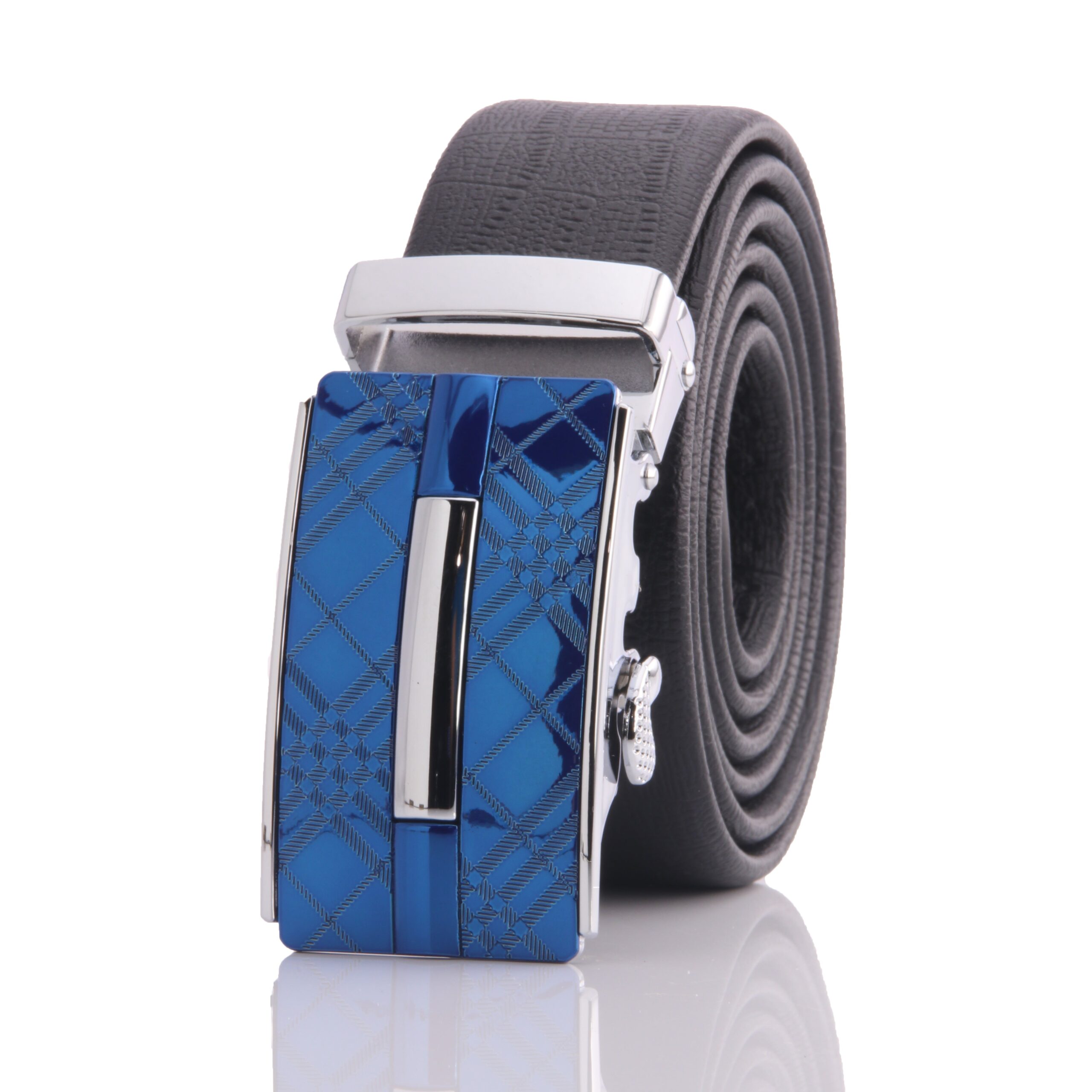 Men's Stainless Steel Black Belt - With Blue Buckle one size fits most no holes needed - Image 2