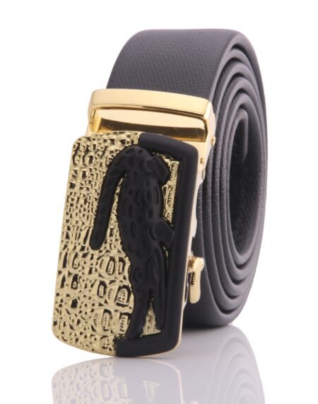 Men’s Black Leather Ratchet Belt – Gold Crocodile Automatic Buckle – No Holes Comfort Fit (28”–52”)