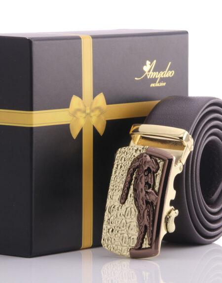 Men's Smart Ratchet No Holes Automatic Buckle Belt in Gold & Brown Color - Amedeo Exclusive