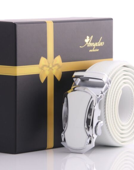 Amedeo Exclusive Men’s White Leather Ratchet Belt – Automatic No Holes Buckle – Stainless Steel Comfort Fit (28”–52”)