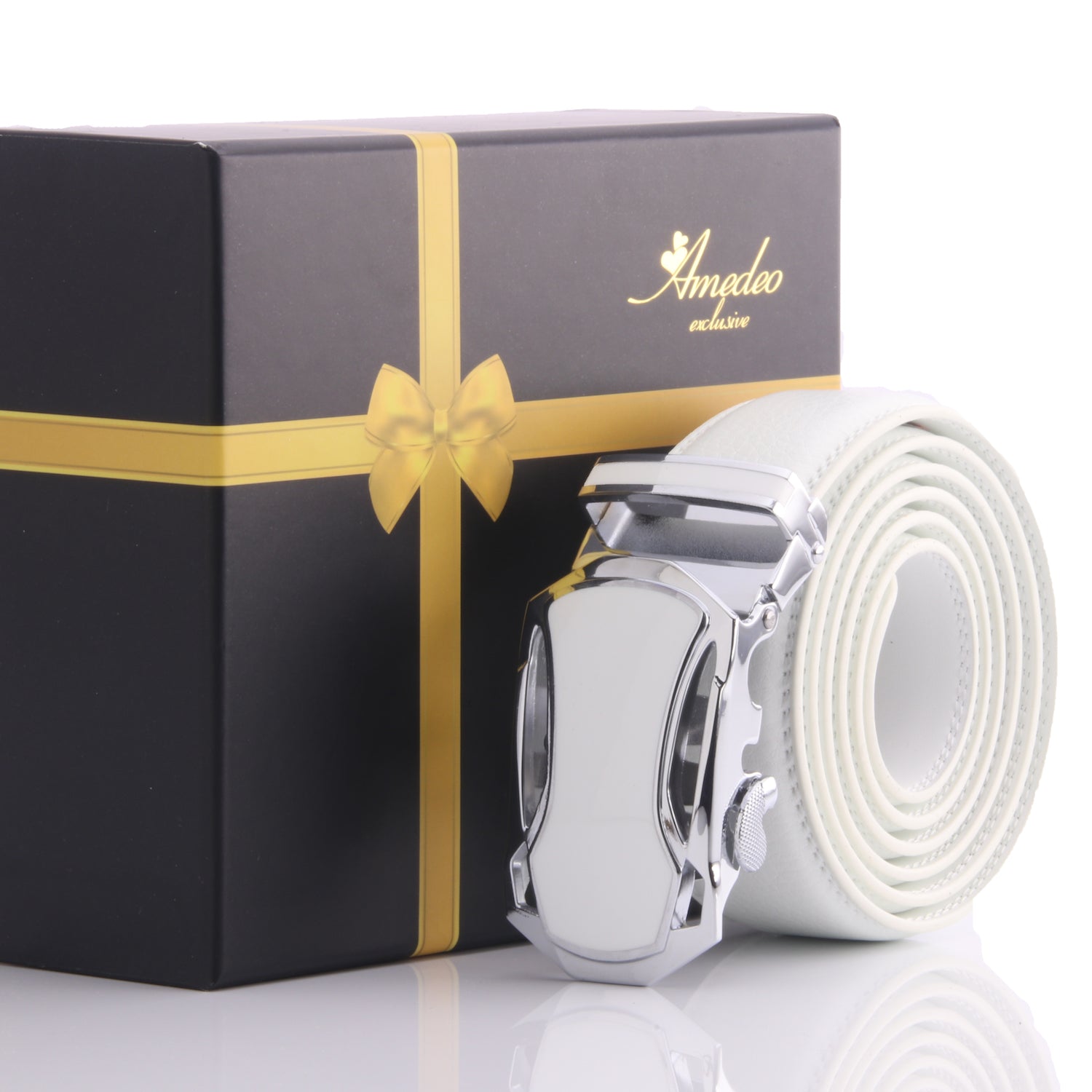 Amedeo Exclusive Men's White Leather Ratchet Belt – Automatic No Holes Buckle – Stainless Steel Comfort Fit (28”–52”) - Image 2