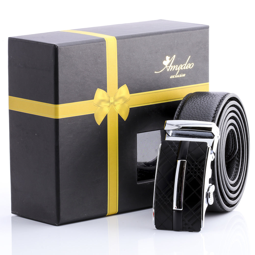 Men's Smart Ratchet No Holes Automatic Buckle Belt in Silver & Black Color - Amedeo Exclusive