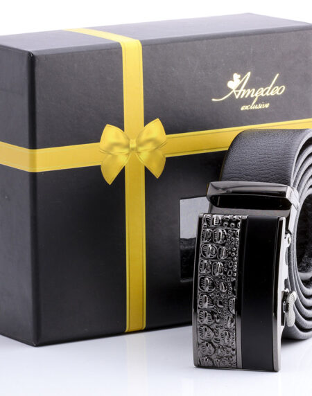 Men's Smart Ratchet No Holes Automatic Buckle Belt in Silver Shiney Rock & Black Color - Amedeo Exclusive
