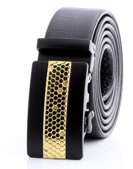 Gold Honeycomb Automatic Ratchet Belt – Black Leather, No Holes needed Perfect Fit
