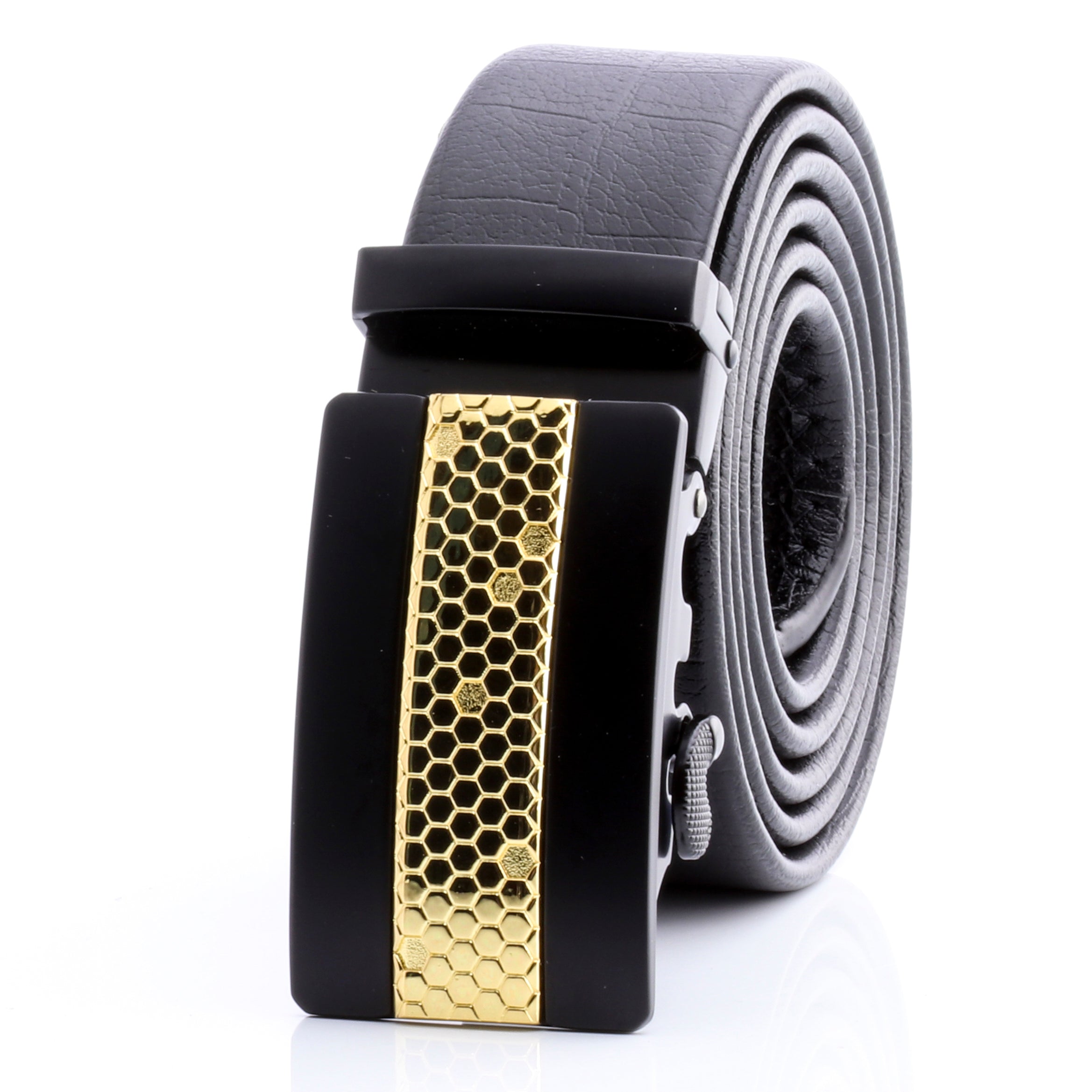 Gold Honeycomb Automatic Ratchet Belt – Black Leather, No Holes needed Perfect Fit - Image 2