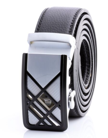 Amedeo Exclusive Silver White Automatic Ratchet Belt – No Holes Perfect Fit, Black Leather