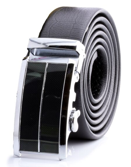 Classic Silver Automatic Ratchet Belt – Black Leather, No Holes Perfect Fit
