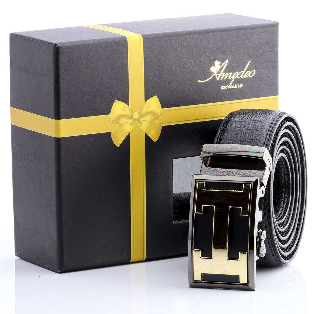 Men's Smart Ratchet No Holes Automatic Buckle Belt in Gold & Black Color - Amedeo Exclusive