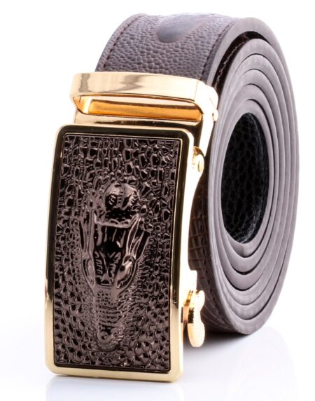 Men’s Smart Ratchet No Holes Automatic Buckle Belt in Gold & Brown Alligator Color