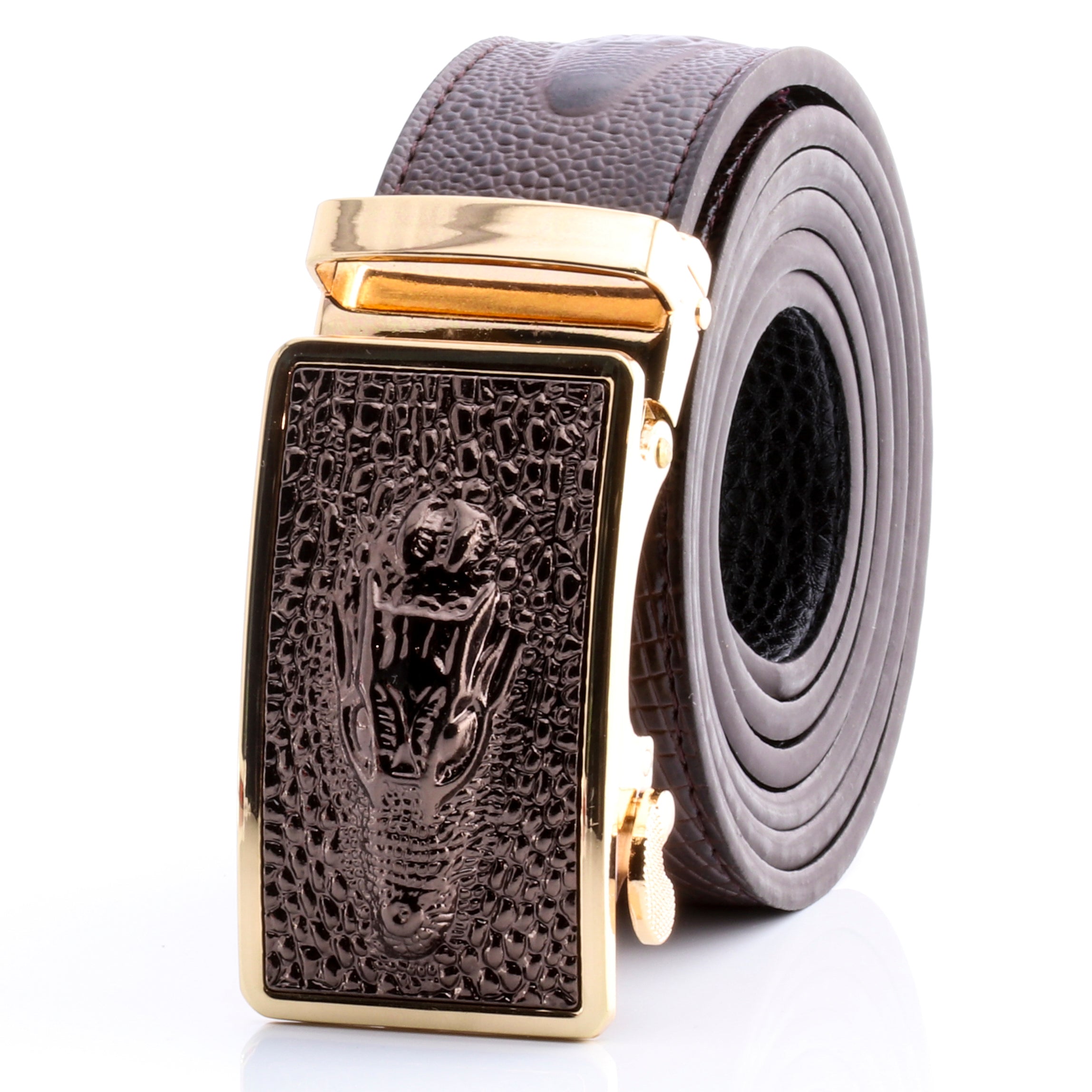 Men's Smart Ratchet No Holes Automatic Buckle Belt in Gold & Brown Alligator Color - Image 2