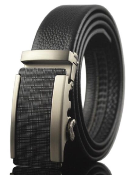 Men’s Black Ratchet Belt – Brushed Silver & Black Automatic Buckle | Adjustable 26”–52”