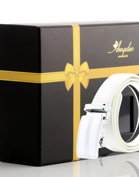 Men's Smart Ratchet No Holes Automatic Buckle Belt in Silver & White Color - Amedeo Exclusive