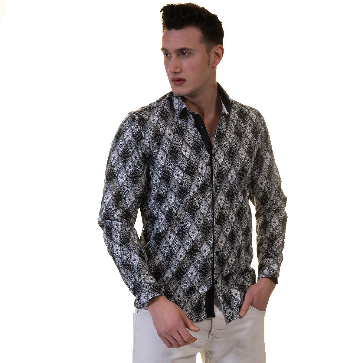 Black and White Mens Slim Fit Designer Dress Shirt - tailored Cotton Shirts for Work and Casual Wear - Image 2