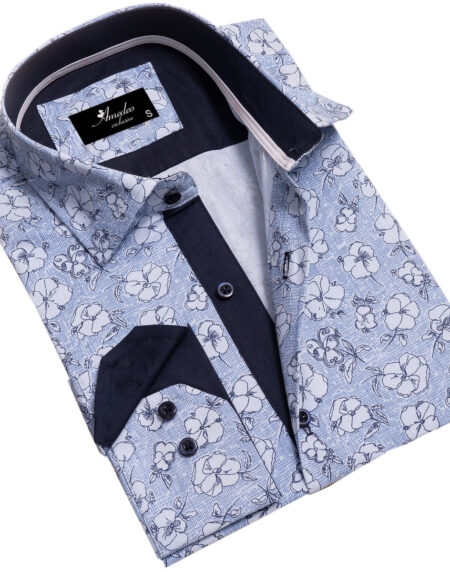 Blue Floral Mens Slim Fit Designer French Cuff Shirt – tailored Cotton Shirts for Work and Casual Wear