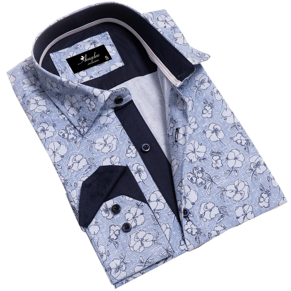 Blue Floral Mens Slim Fit Designer French Cuff Shirt – tailored Cotton Shirts for Work and Casual Wear