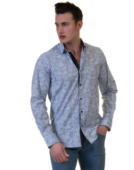 Blue Floral Mens Slim Fit Designer French Cuff Shirt – tailored Cotton Shirts for Work and Casual Wear