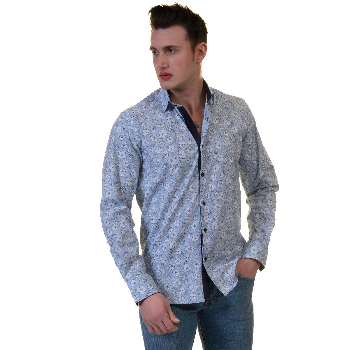 Blue Floral Mens Slim Fit Designer French Cuff Shirt - tailored Cotton Shirts for Work and Casual Wear - Image 2