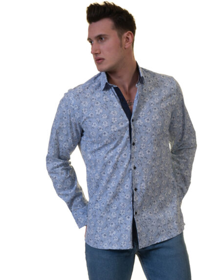 Blue Floral Mens Slim Fit Designer French Cuff Shirt – tailored Cotton Shirts for Work and Casual Wear