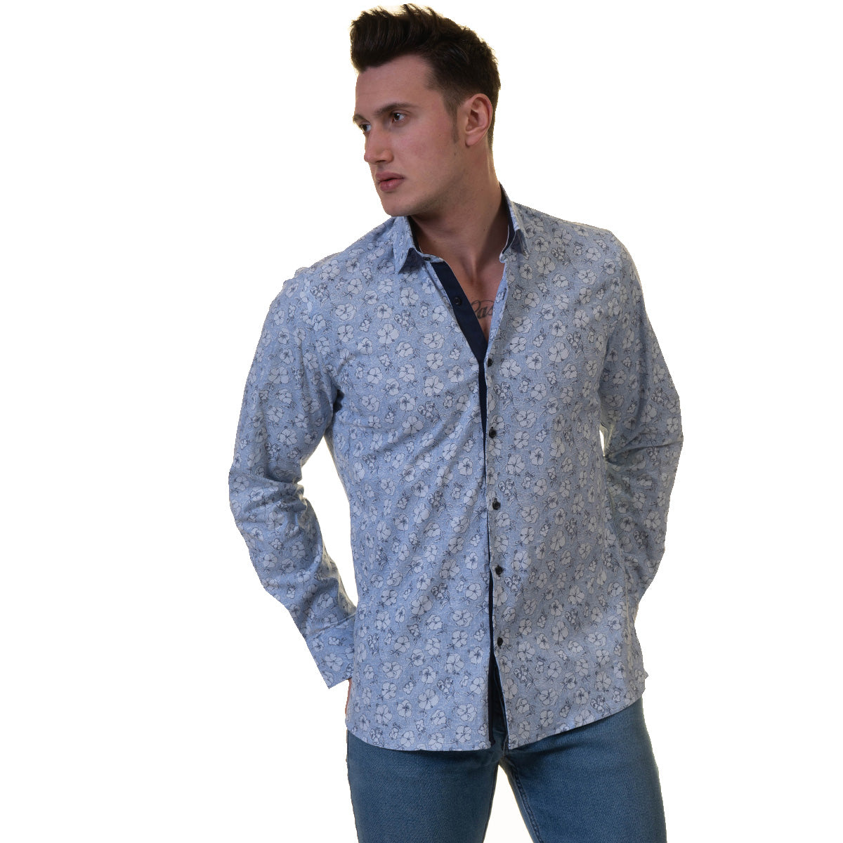 Blue Floral Mens Slim Fit Designer French Cuff Shirt - tailored Cotton Shirts for Work and Casual Wear - Image 3