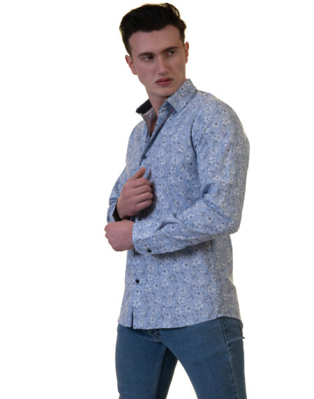 Blue Floral Mens Slim Fit Designer French Cuff Shirt – tailored Cotton Shirts for Work and Casual Wear