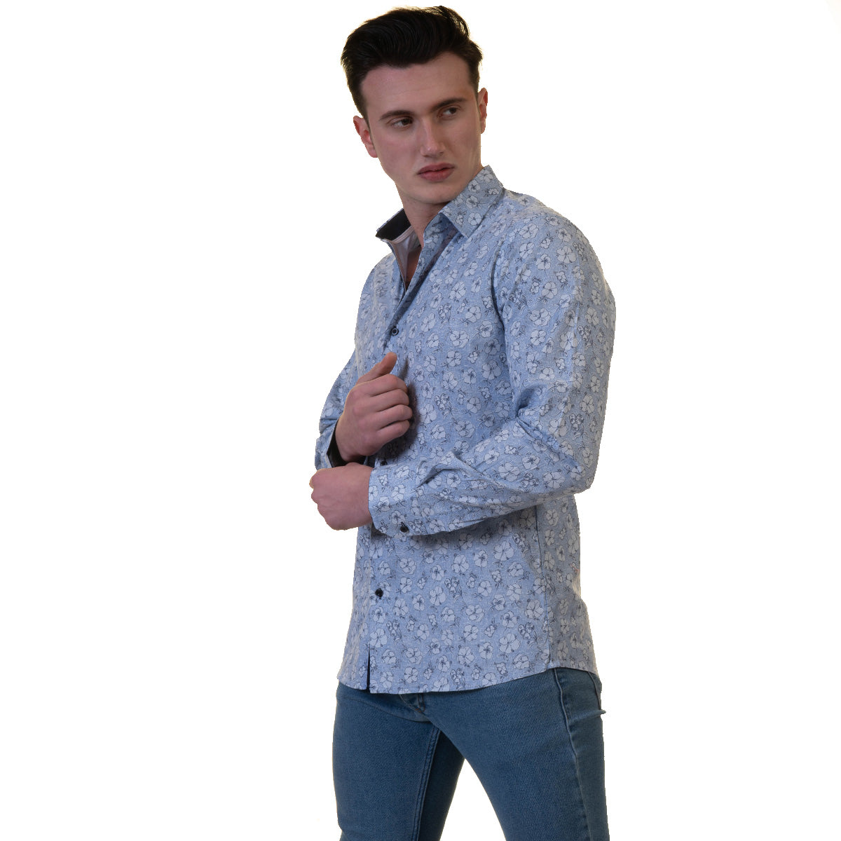 Blue Floral Mens Slim Fit Designer French Cuff Shirt - tailored Cotton Shirts for Work and Casual Wear - Image 4