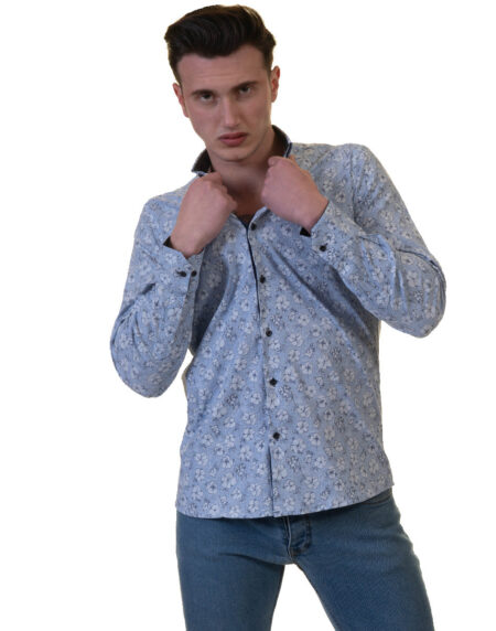 Blue Floral Mens Slim Fit Designer French Cuff Shirt – tailored Cotton Shirts for Work and Casual Wear