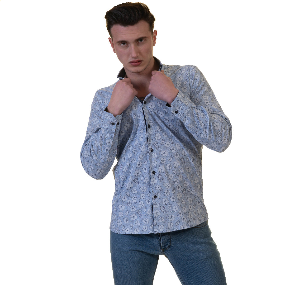 Blue Floral Mens Slim Fit Designer French Cuff Shirt - tailored Cotton Shirts for Work and Casual Wear - Image 5