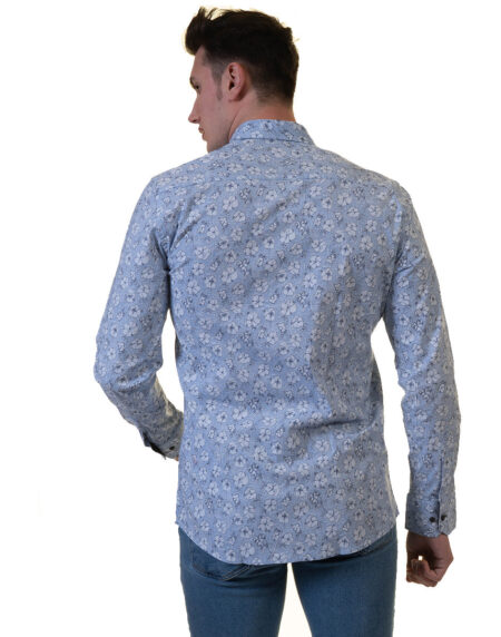 Blue Floral Mens Slim Fit Designer French Cuff Shirt – tailored Cotton Shirts for Work and Casual Wear