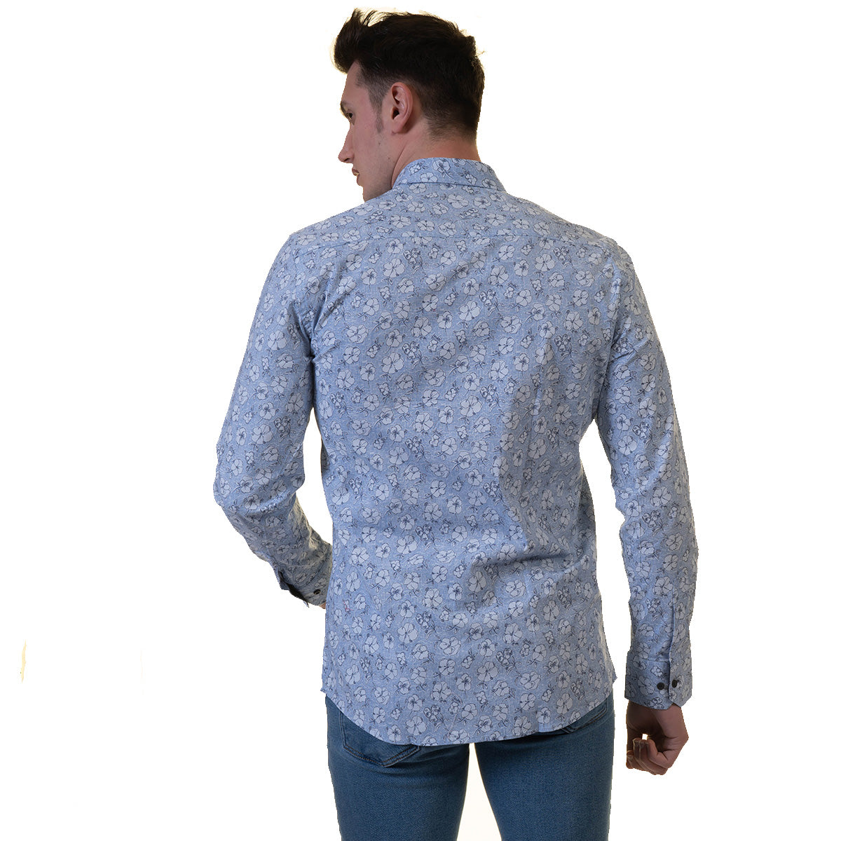Blue Floral Mens Slim Fit Designer French Cuff Shirt - tailored Cotton Shirts for Work and Casual Wear - Image 6