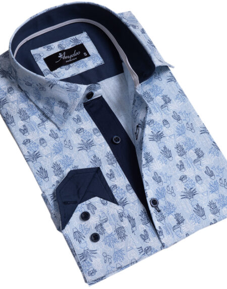 Light Blue Floral Mens Slim Fit Designer Dress Shirt – tailored Cotton Shirts for Work and Casual Wear