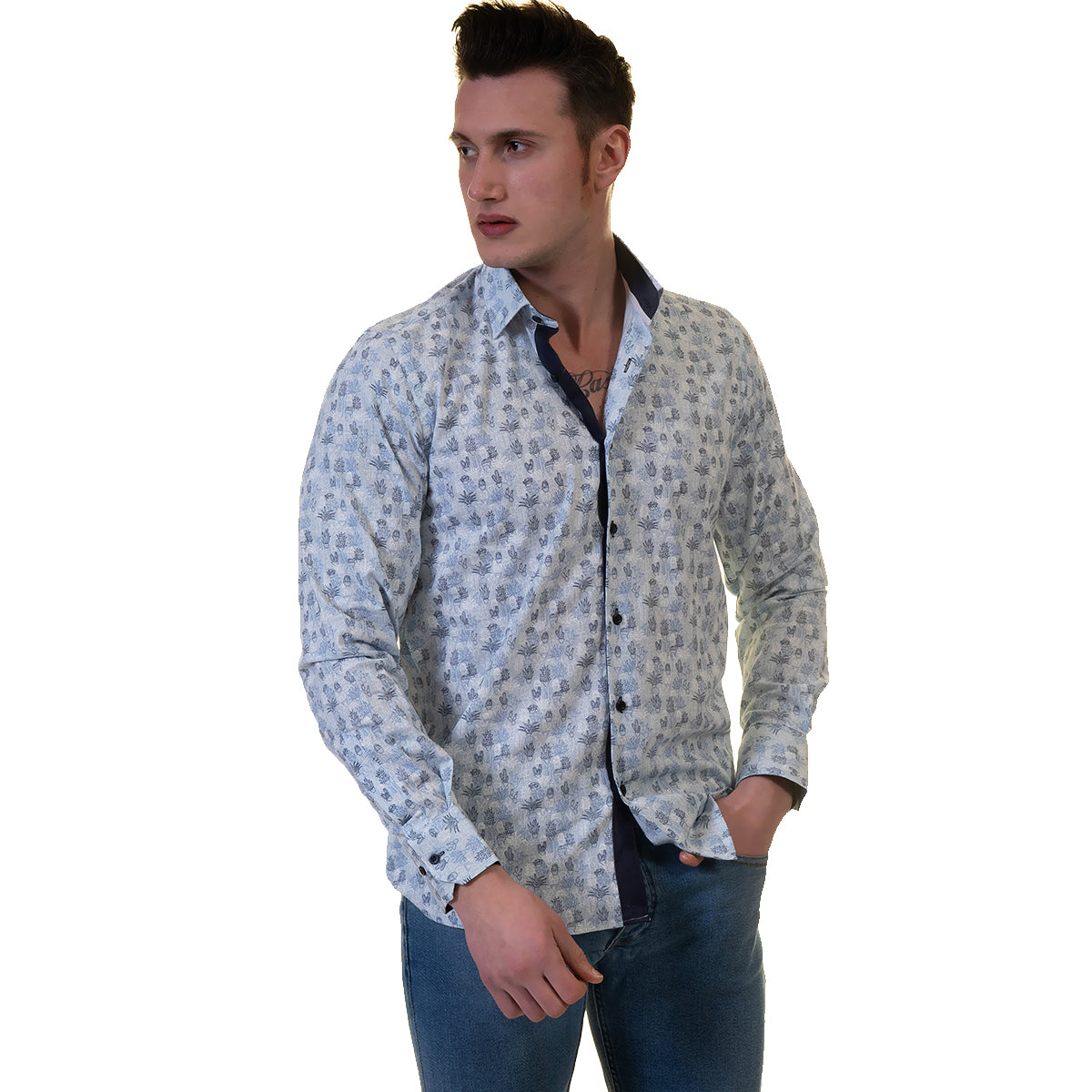 Light Blue Floral Mens Slim Fit Designer Dress Shirt - tailored Cotton Shirts for Work and Casual Wear - Image 4