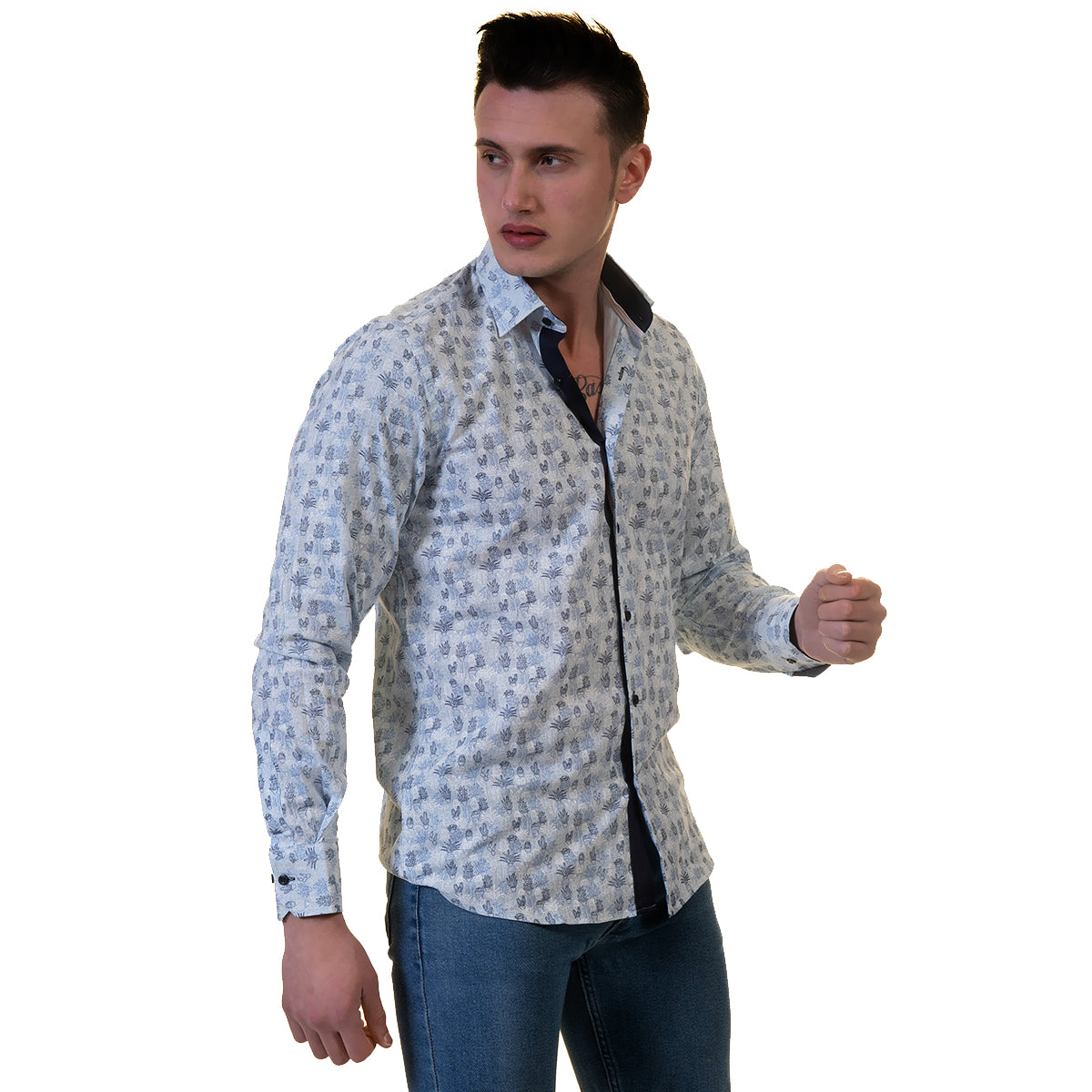 Light Blue Floral Mens Slim Fit Designer Dress Shirt - tailored Cotton Shirts for Work and Casual Wear - Image 2