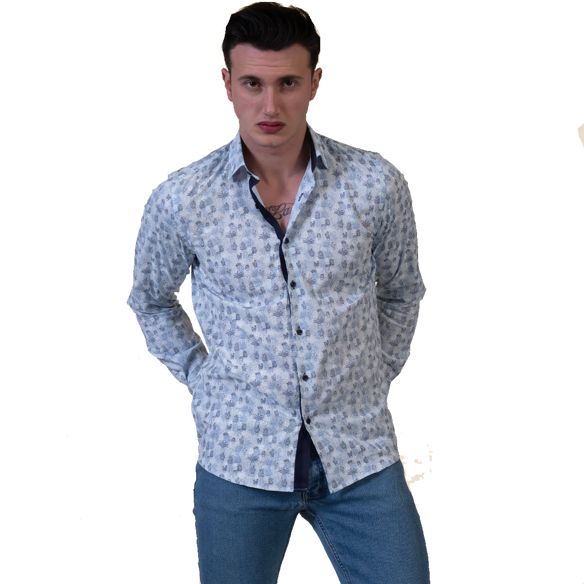 Light Blue Floral Mens Slim Fit Designer Dress Shirt - tailored Cotton Shirts for Work and Casual Wear - Image 3