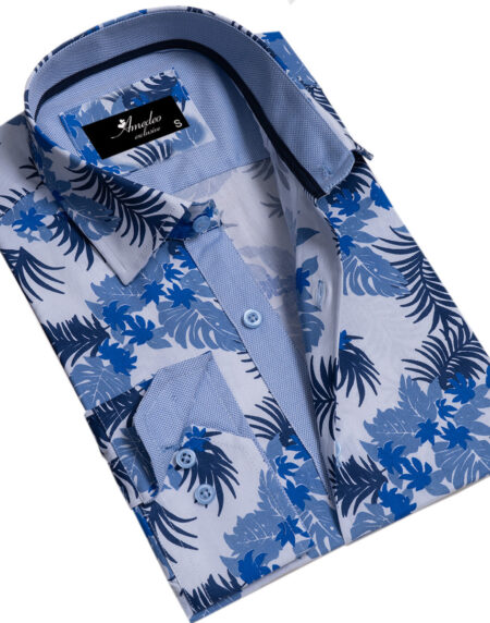 Blue and White Mens Slim Fit Designer French Cuff Shirt – tailored Cotton Shirts for Work and Casual Wear