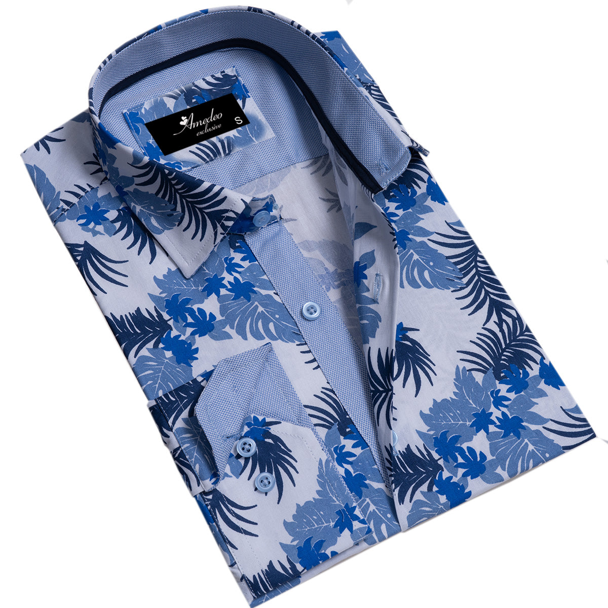 Blue and White Mens Slim Fit Designer French Cuff Shirt – tailored Cotton Shirts for Work and Casual Wear