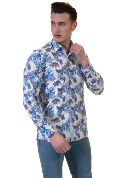 Blue and White Mens Slim Fit Designer French Cuff Shirt – tailored Cotton Shirts for Work and Casual Wear