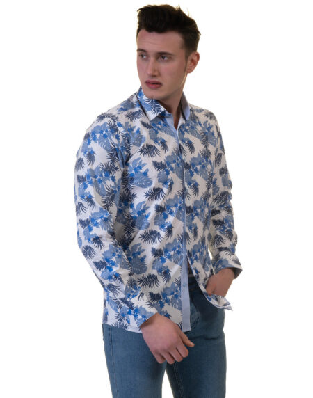 Blue and White Mens Slim Fit Designer French Cuff Shirt – tailored Cotton Shirts for Work and Casual Wear