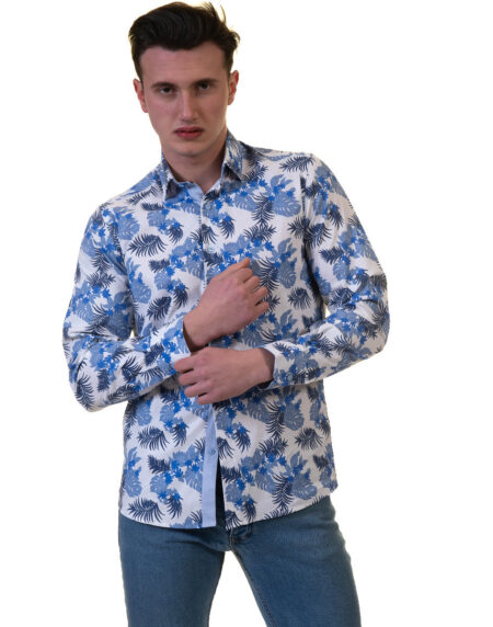 Blue and White Mens Slim Fit Designer French Cuff Shirt – tailored Cotton Shirts for Work and Casual Wear