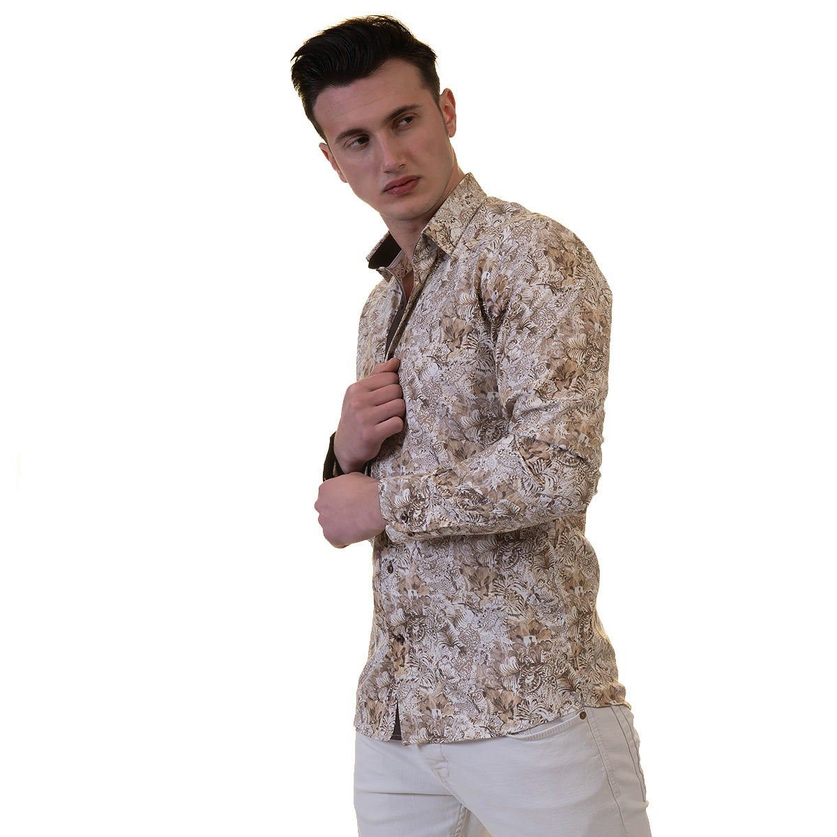 Beige Mens Slim Fit Designer Dress Shirt - tailored Cotton Shirts for Work and Casual Wear - Image 2