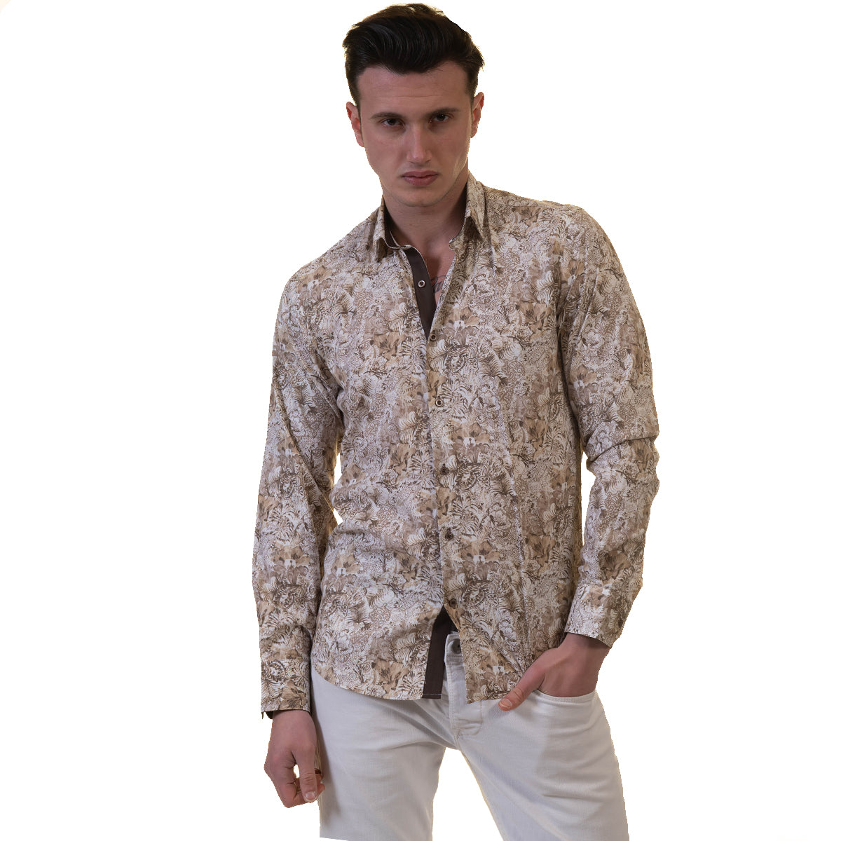 Beige Mens Slim Fit Designer Dress Shirt - tailored Cotton Shirts for Work and Casual Wear - Image 3